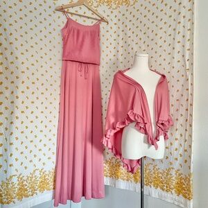 Vintage 70s Sears Dusty Rose Maxi Prom Dress Set With Shawl